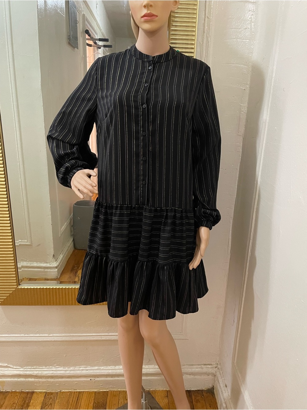 Loavies Black Pinstripe Long-Sleeve Tiered Mini Dress
